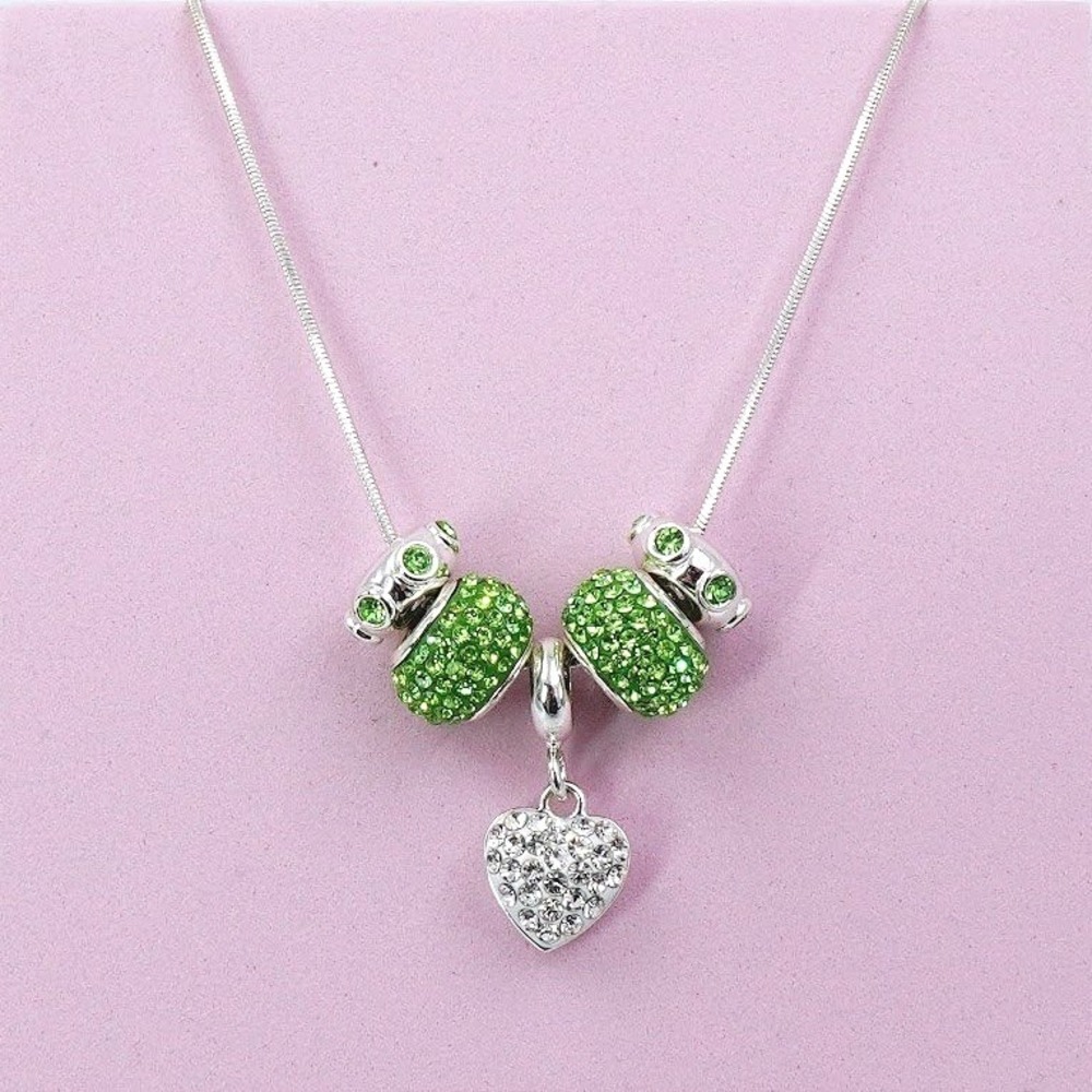 Silver Tone Puffy Heart Charm Necklace Green and Clear Rhinestone Dangle